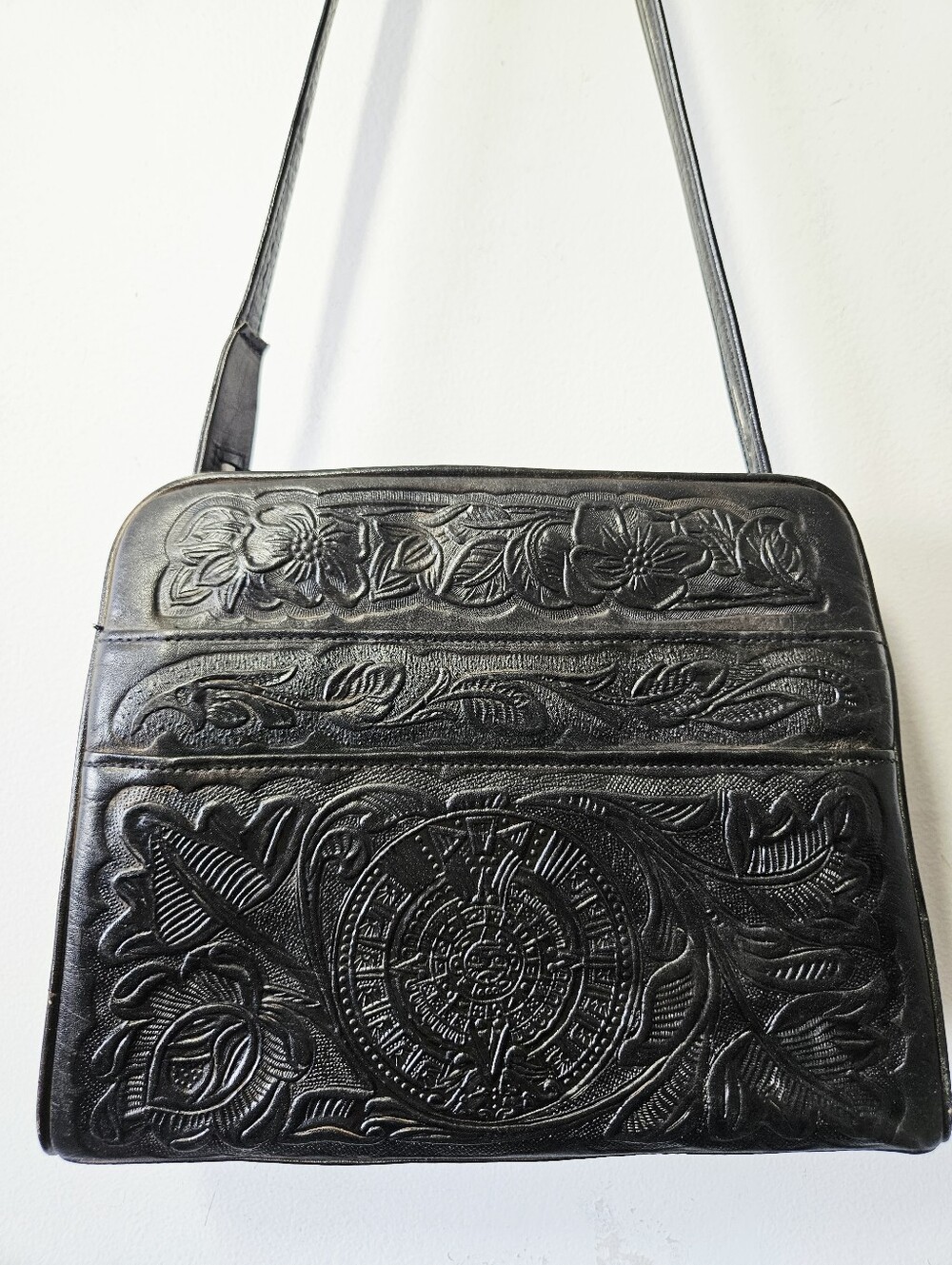 Vintage Floral Hand Tooled Leather Purse Black Handbag Western Boho Aztec - Picture 3 of 9